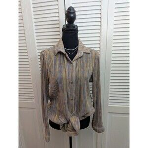 A.Z.I  New York Blouse Women's XS Gold Rainbow Plisse Tie Top Retro Glam Striped
